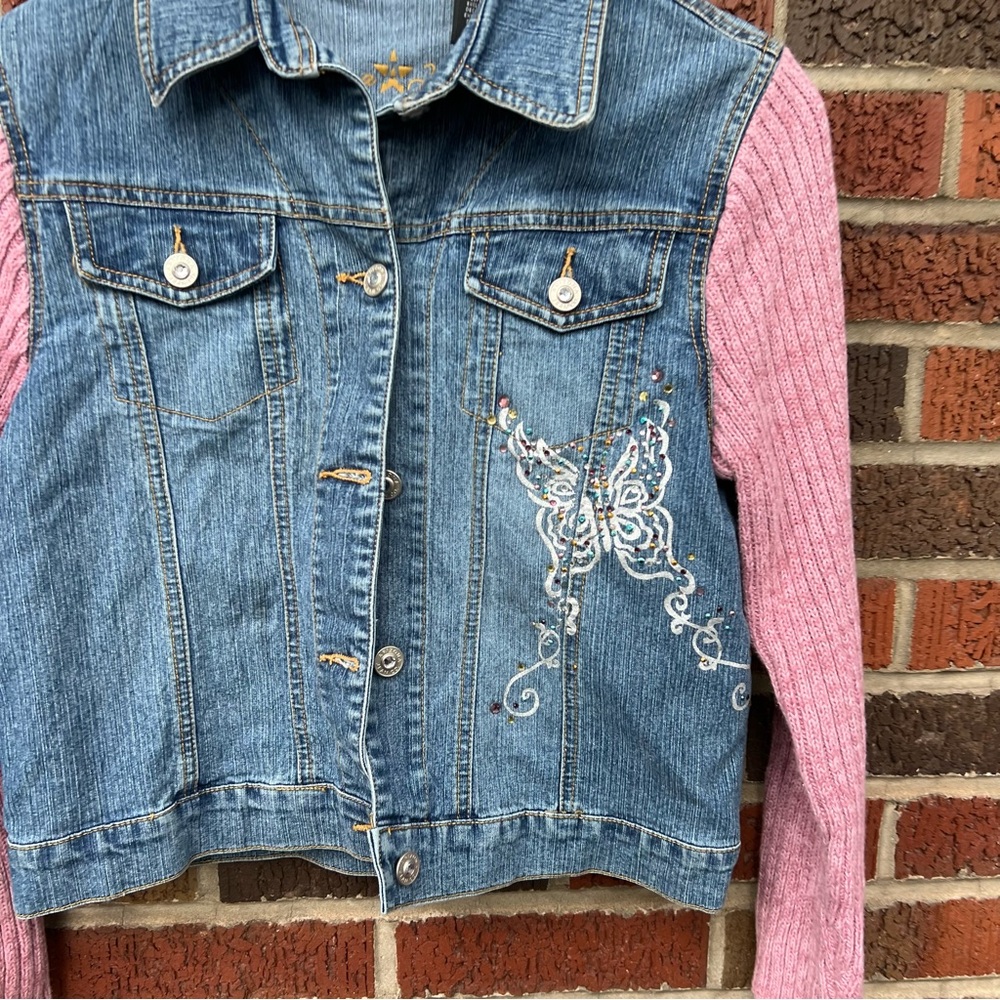 Arizona Jeans Denim and Butterfly Rhinestone Pink and Blue Sweater Sleeve Jacket - Picture 2 of 4